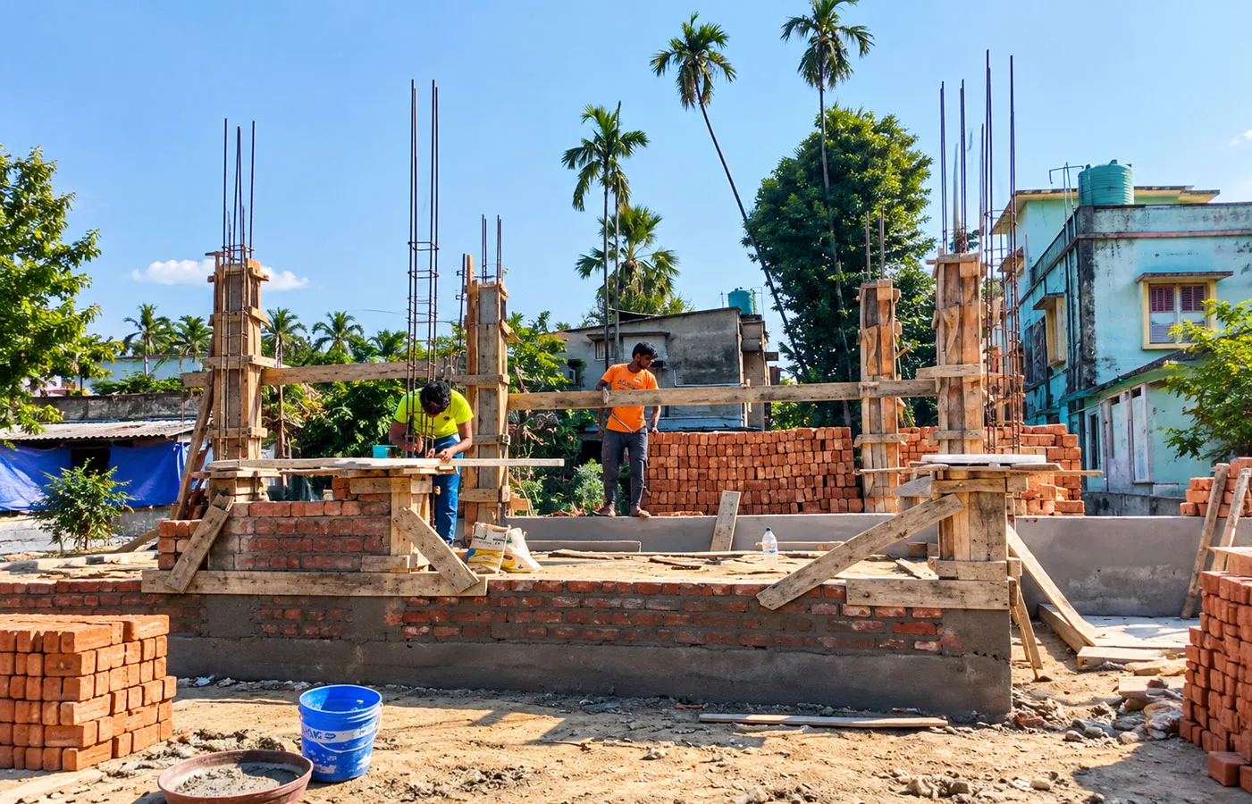Early construction of Bholenath Dham temple with workers building the foundation