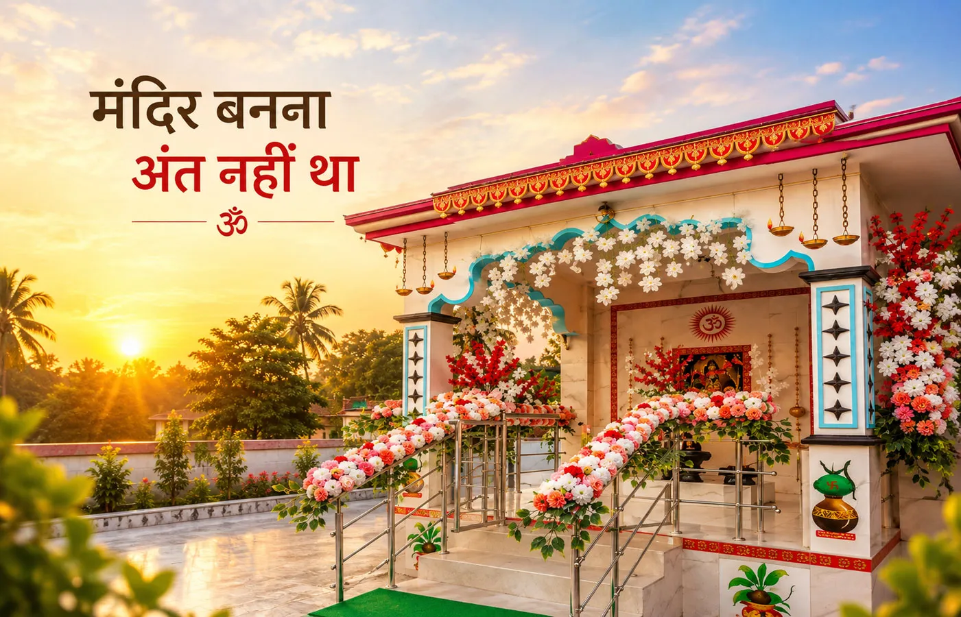 सूर्यास्त के समय सुंदर भोलेनाथ धाम मंदिर और शिव प्रतिमा, जो दर्शाती है कि मंदिर बनना अंत नहीं था