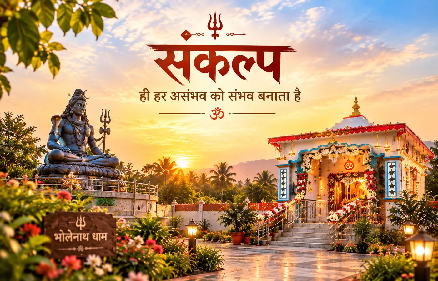 सूर्यास्त की सुनहरी रोशनी में भोलेनाथ धाम मंदिर, शिव प्रतिमा और सुंदर मंदिर परिसर का दृश्य