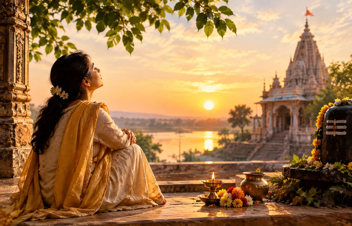 A devotional woman praying before Lord Shiva symbolizing faith without knowing the outcome